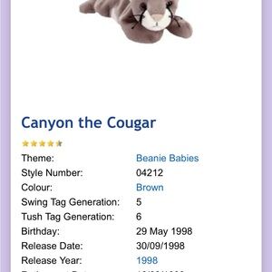 Ty Beanie Babies Canyon the Cougar Stuffed Animal - Brown